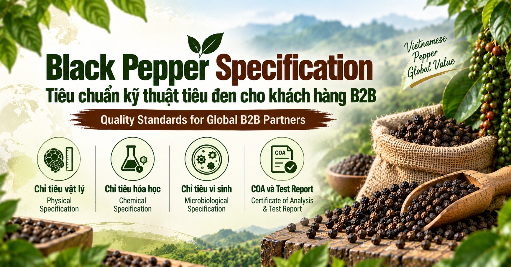 Black Pepper Specification - Tiêu chuẩn kỹ thuật tiêu đen cho khách hàng B2B