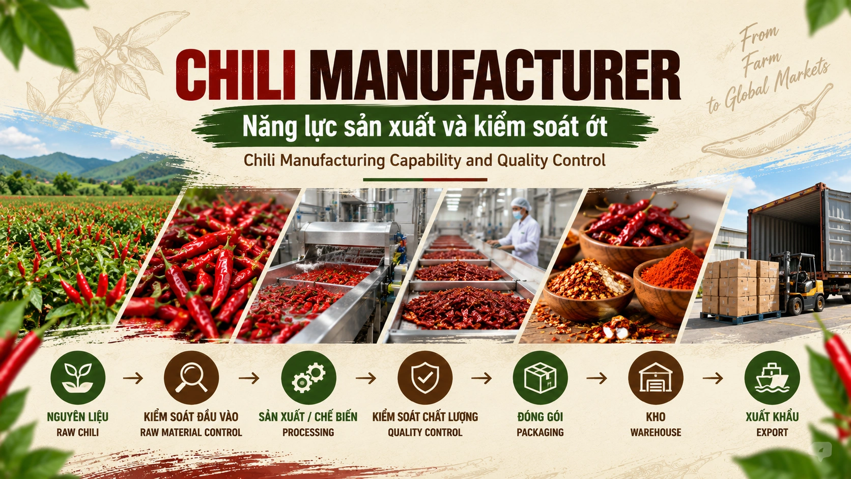 Chili Manufacturer - Năng lực sản xuất và kiểm soát ớt