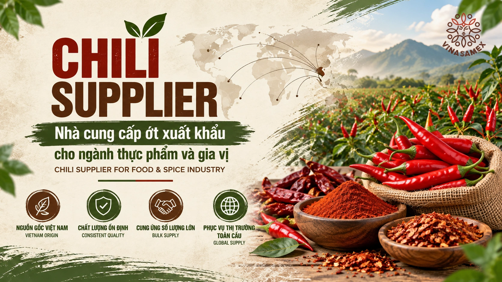 Chili Supplier - Nhà cung cấp ớt xuất khẩu cho ngành thực phẩm và gia vị
